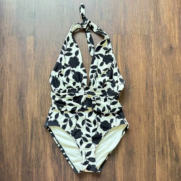 Kate Spade New York 'Geranium Grove' Belted Plunge Halter 1Pc Black White Floral - Picture 5 of 12